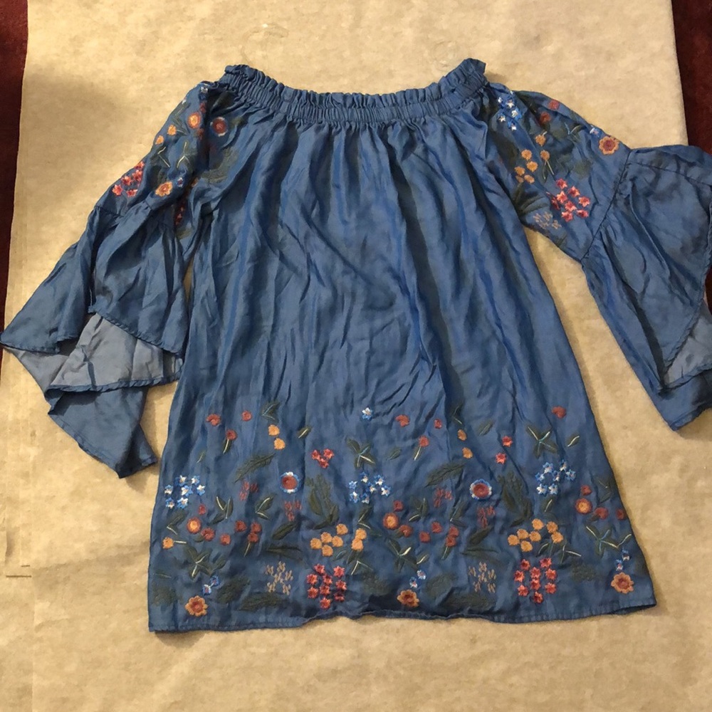 Floral embroidered, off-the-shoulder blue dress (Medium)